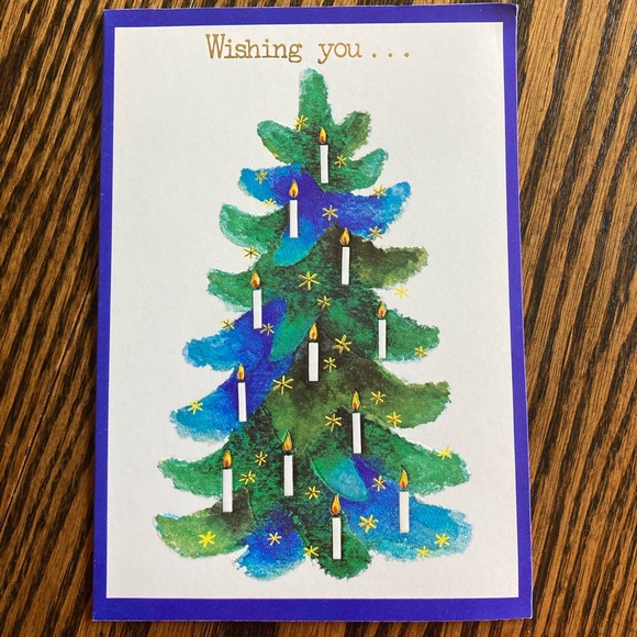 Lot of 7 Unused Blue Green Christmas Tree Candles Gold Christmas Cards Envelopes - Picture 2 of 8